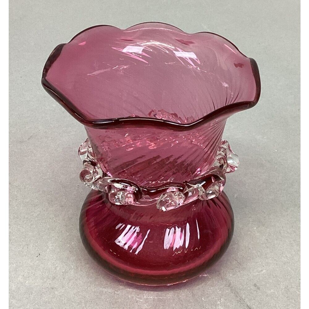 Vintage Hand Blown Pilgrim Glass Swirl Cranberry Vase - 3.5”H